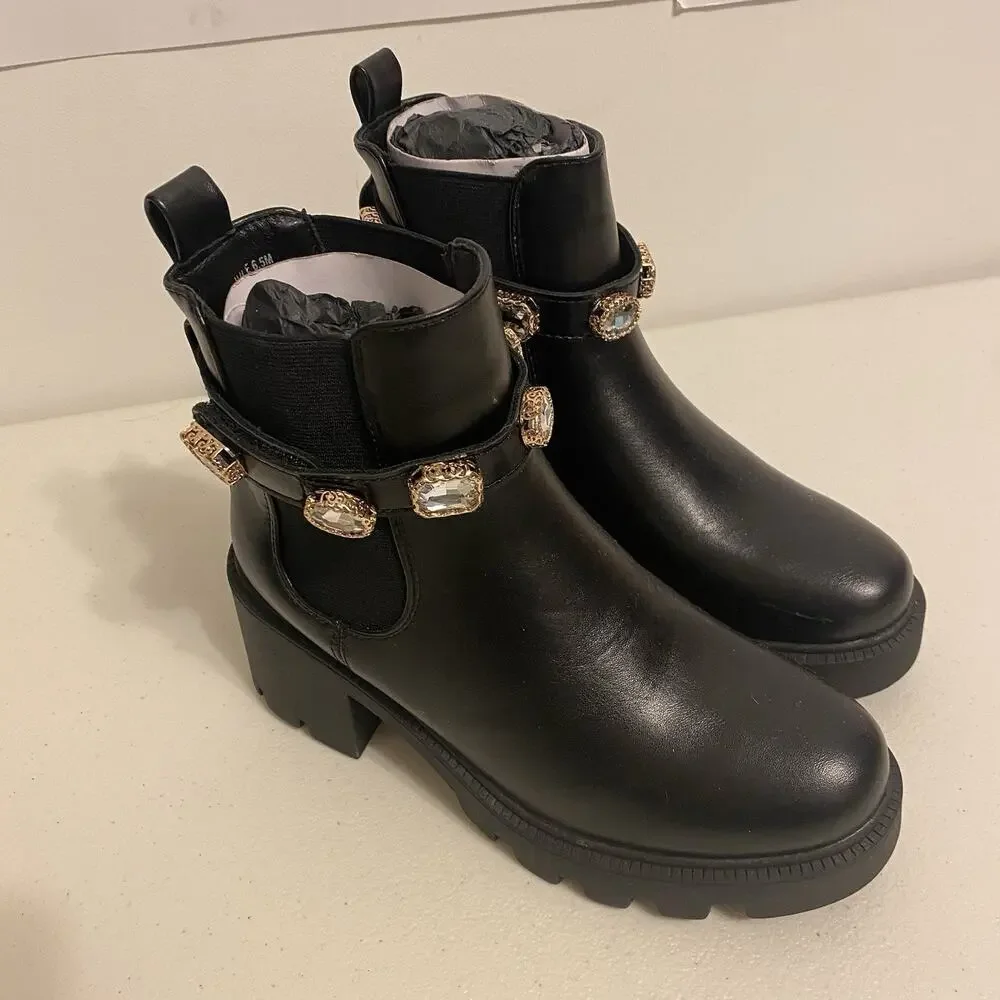 CUSHIONAIRE Julie Women 6.5M Chunky Combat Boots Black Jeweled strap Clubwear